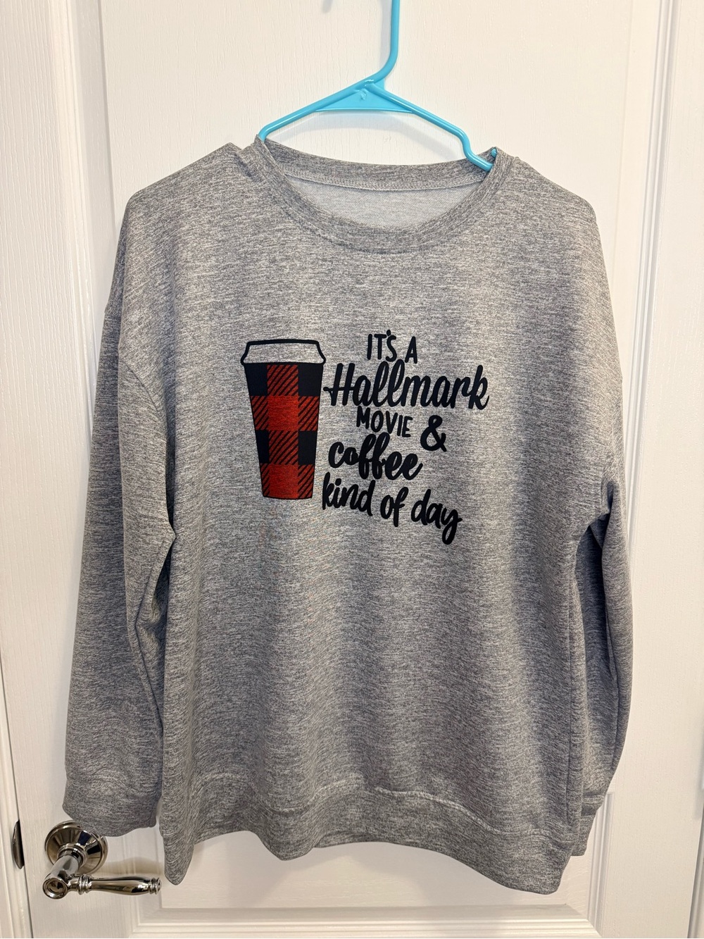Hallmark Movie & Coffee Graphic Sweatshirt Gray. Red plaid coffee mug. Large